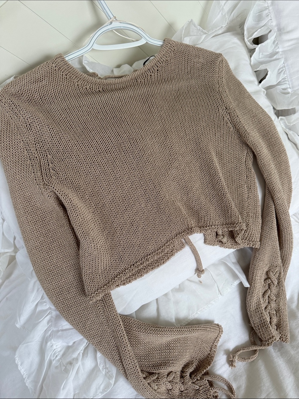 Zara Women's Cropped Drawstring Knit Sweater - Taupe
